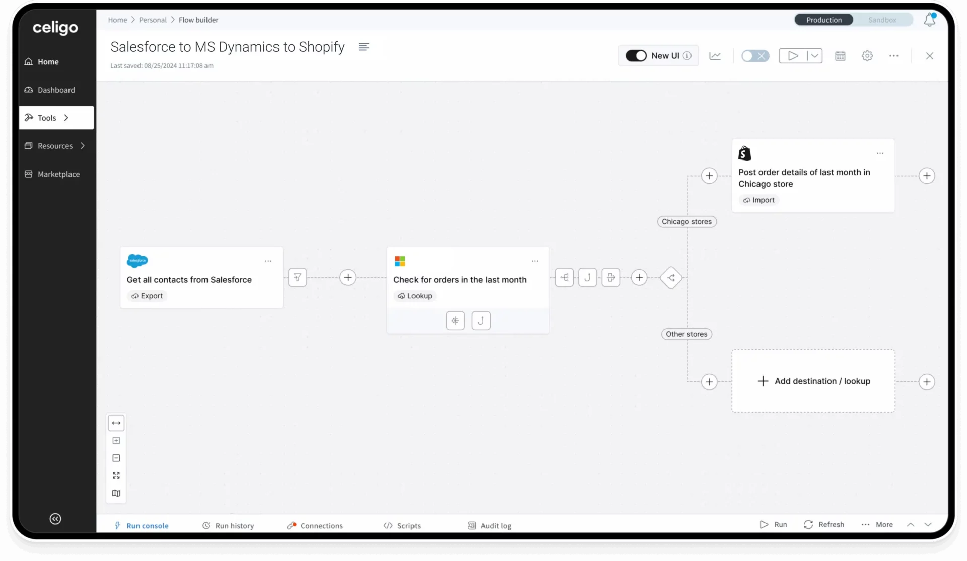 Celigo flow builder: Salesforce naar MS Dynamics naar Shopify integratie