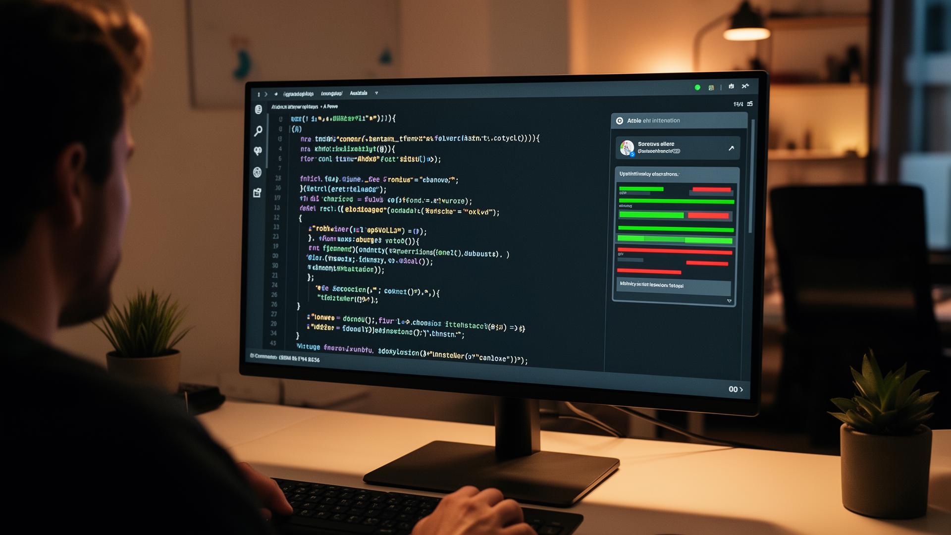 Developer reviewt AI-gegenereerde code op een groot beeldscherm